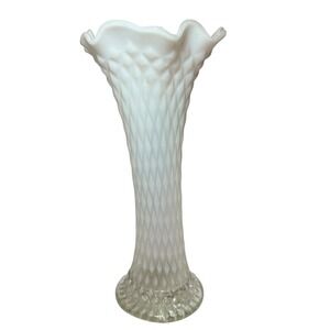 Vintage Milk Glass Diamond Quilt Ruffled Trumpet Vase Wedding Cottage Decor